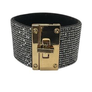 Black Crystal Embellished Cuff Bracelet with Gold-Tone Push Lock Closure